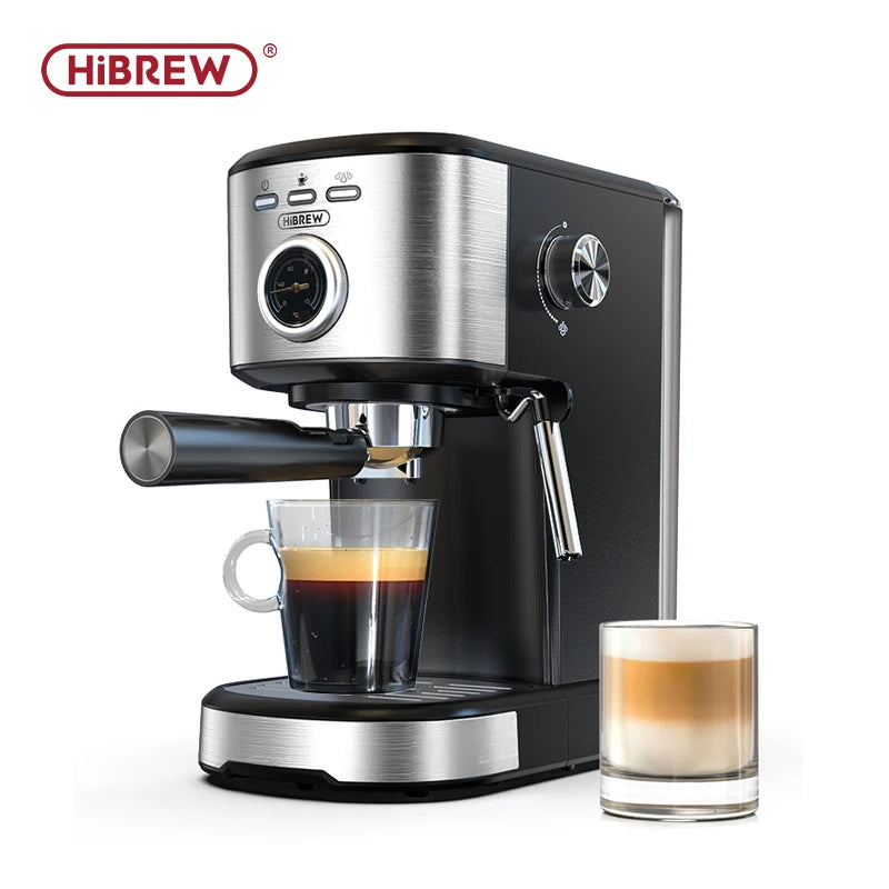 HiBREW black and stainless steel espresso machine with built-in pressure gauge and milk frothing steam wand.