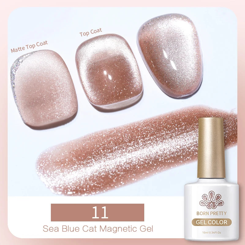 Rose gold magnetic gel polish with samples on white nails, showing matte and glossy top coat finishes in 10ml bottle.