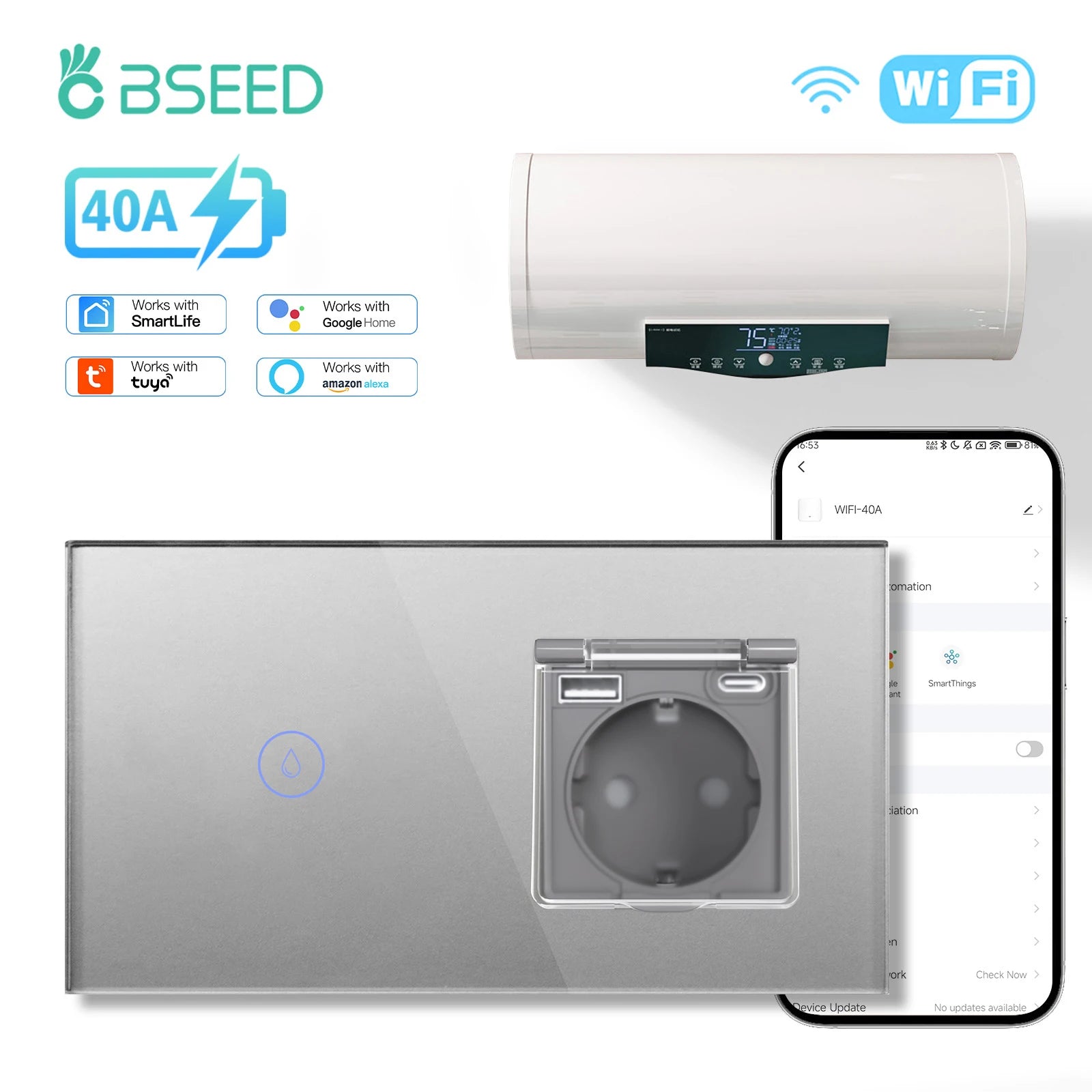BSEED Wifi Smart Water Heater Switches Touch Boiler Switches 40A Plus EU Waterproof Socket For Kitchen Batroom Tuya Smart Life