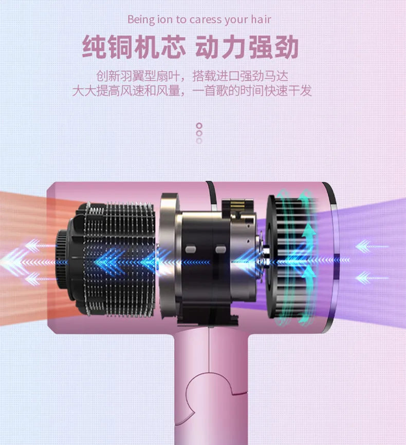 Pink foldable mini hair dryer with powerful ion motor, showing internal fan components for quick-drying performance.
