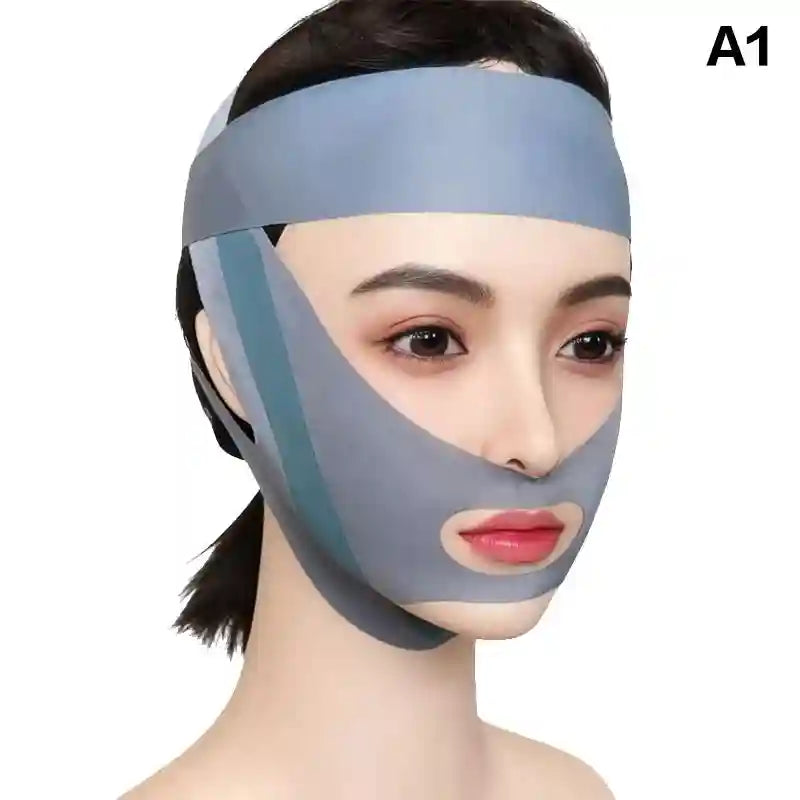A woman wearing a gray, smooth-fabric V-line face slimming bandage with an opening for the mouth.