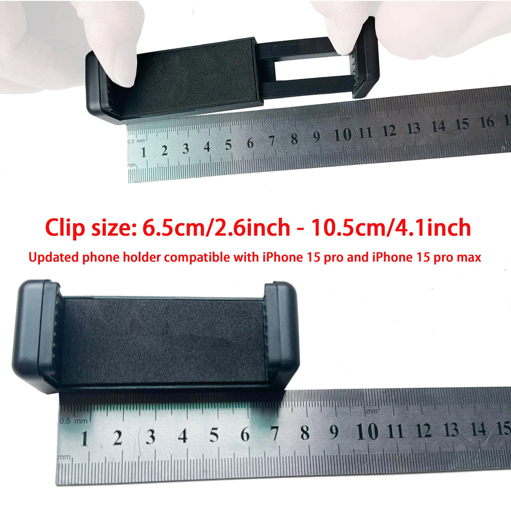 Black plastic adjustable phone holder measuring 6.5 to 10.5 cm, designed to secure smartphones for mounting.