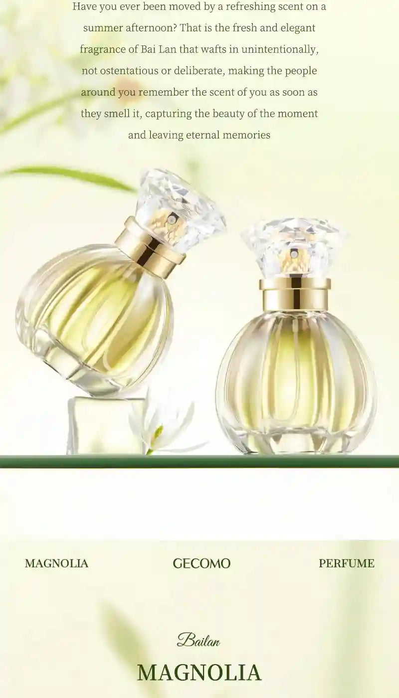 GECOMO Valley White Rose EDP for women: 50ml floral magnolia perfume in a luxury round glass bottle with crystal cap.
