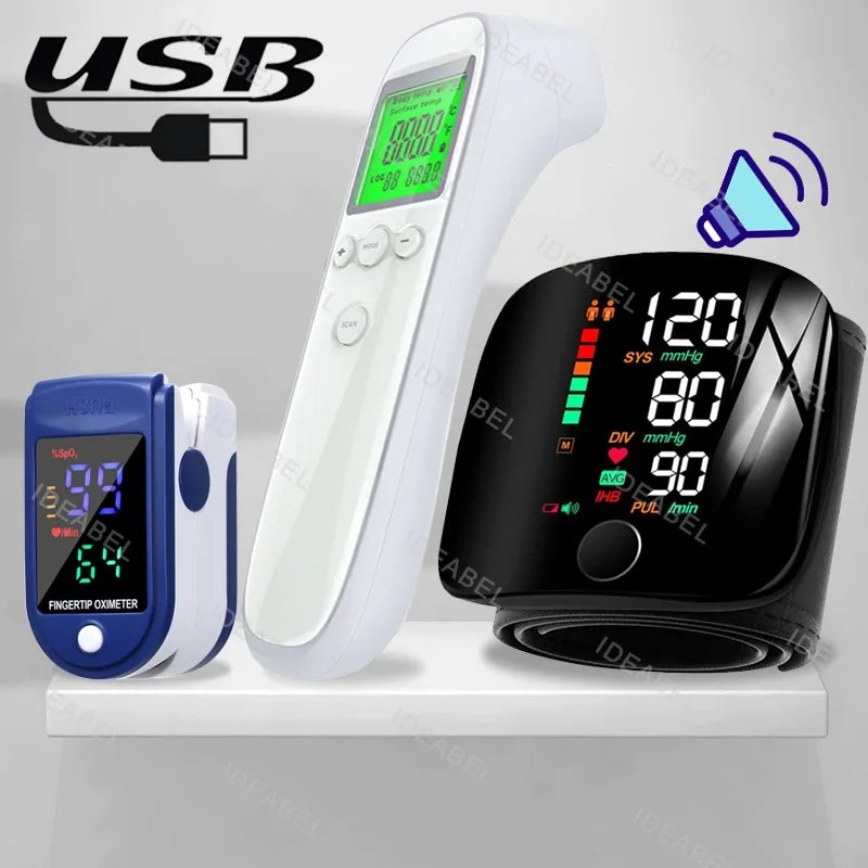 Wrist Blood Pressure Monitor LED Rechargeable English Voice Broadcast Tonometer BP Monitor Forehead Digital Thermometer