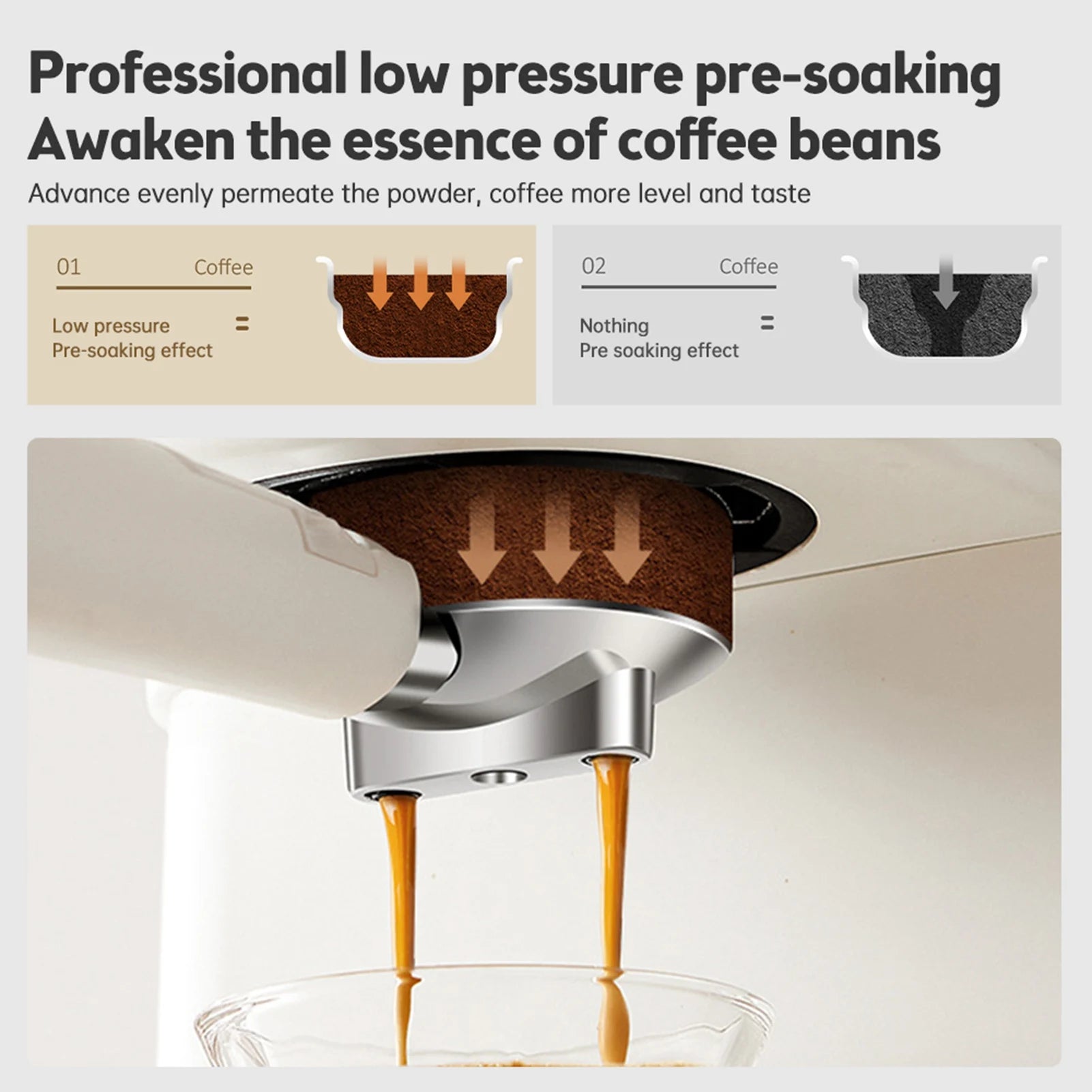 Espresso machine stainless steel portafilter showing professional low-pressure pre-soaking coffee extraction process.