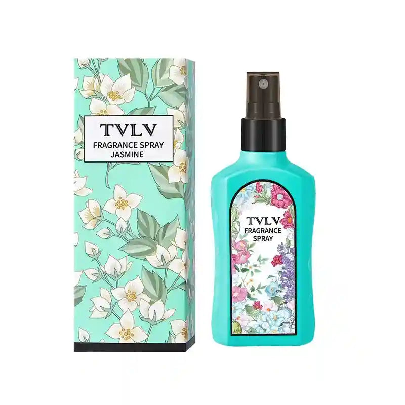 TVLV Jasmine long-lasting fragrance spray for women. Turquoise bottle, floral scent, odor remover for clothing.