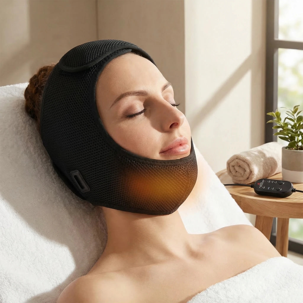 Woman wearing a black mesh, adjustable electric face heating wrap for jaw relief with a glowing orange heated chin area.
