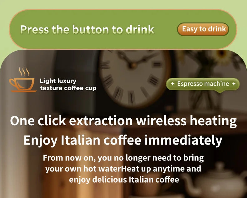 Portable wireless Italian espresso machine for one-click heating and extraction of coffee on the go.