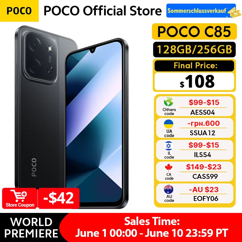 Global Version POCO C85 Smartphone 128GB 256GB MTK Helio G81-Ultra 6.9" Dot Drop Display 50MP Main Camera 6000mAh 33W Charging