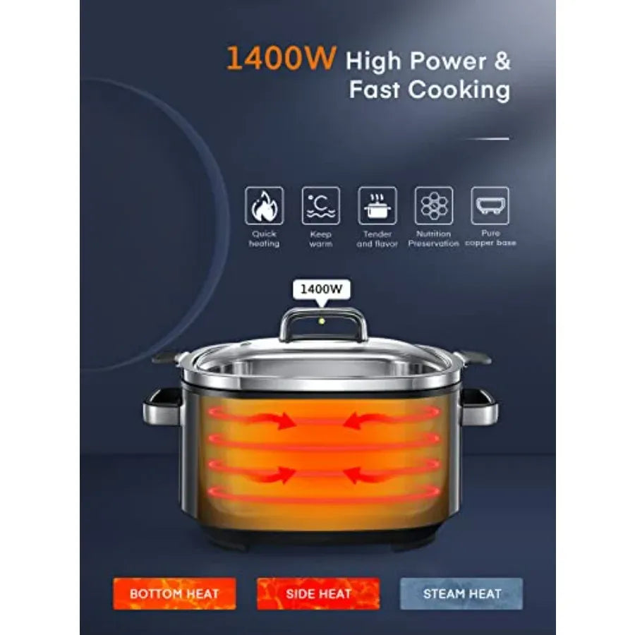 Silver slow cooker with orange heating graphic and bottom, side, and steam heat modes