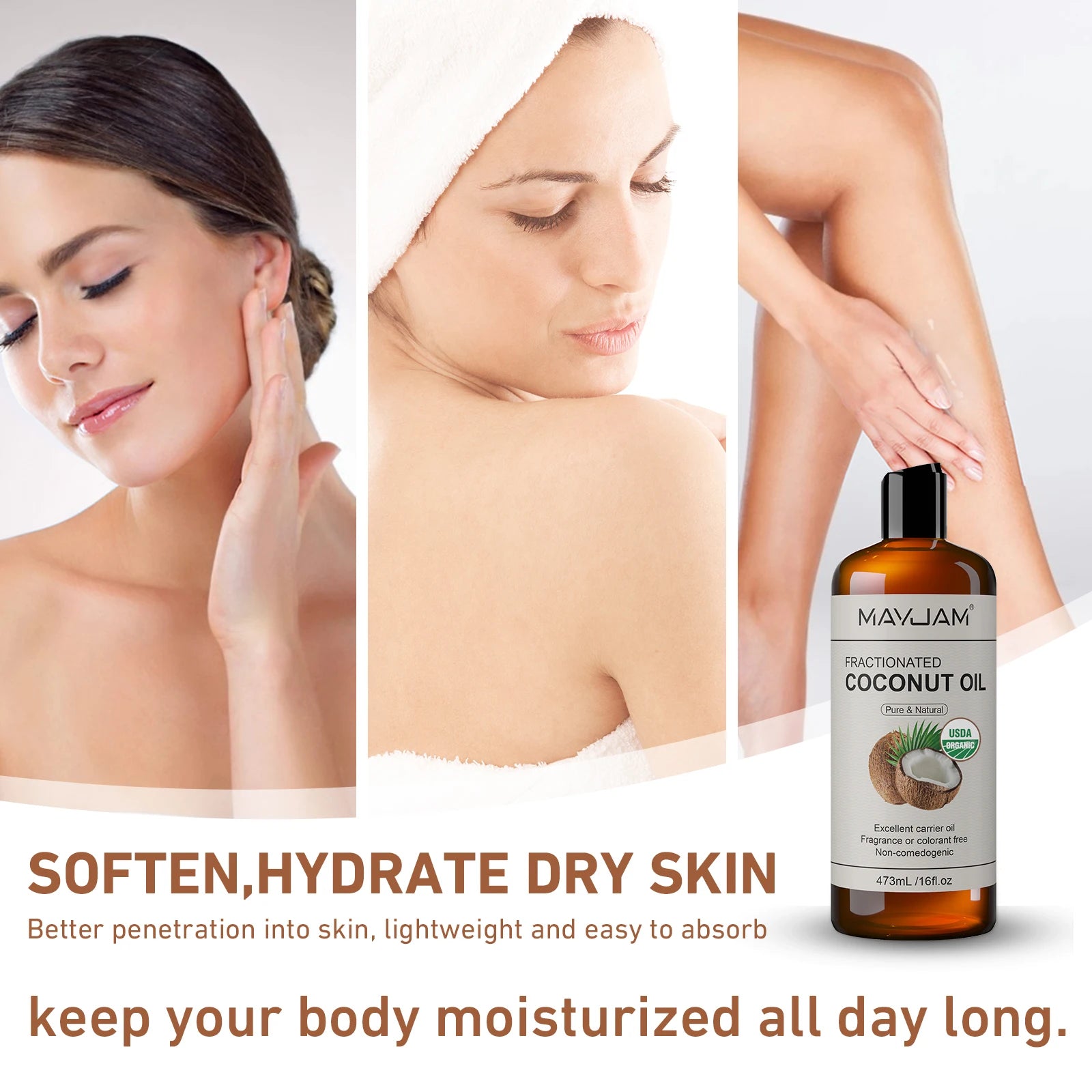 Tidesmit USDA Organic Fractionated Coconut Oil for hydrating and moisturizing dry skin, hair, and body massage.