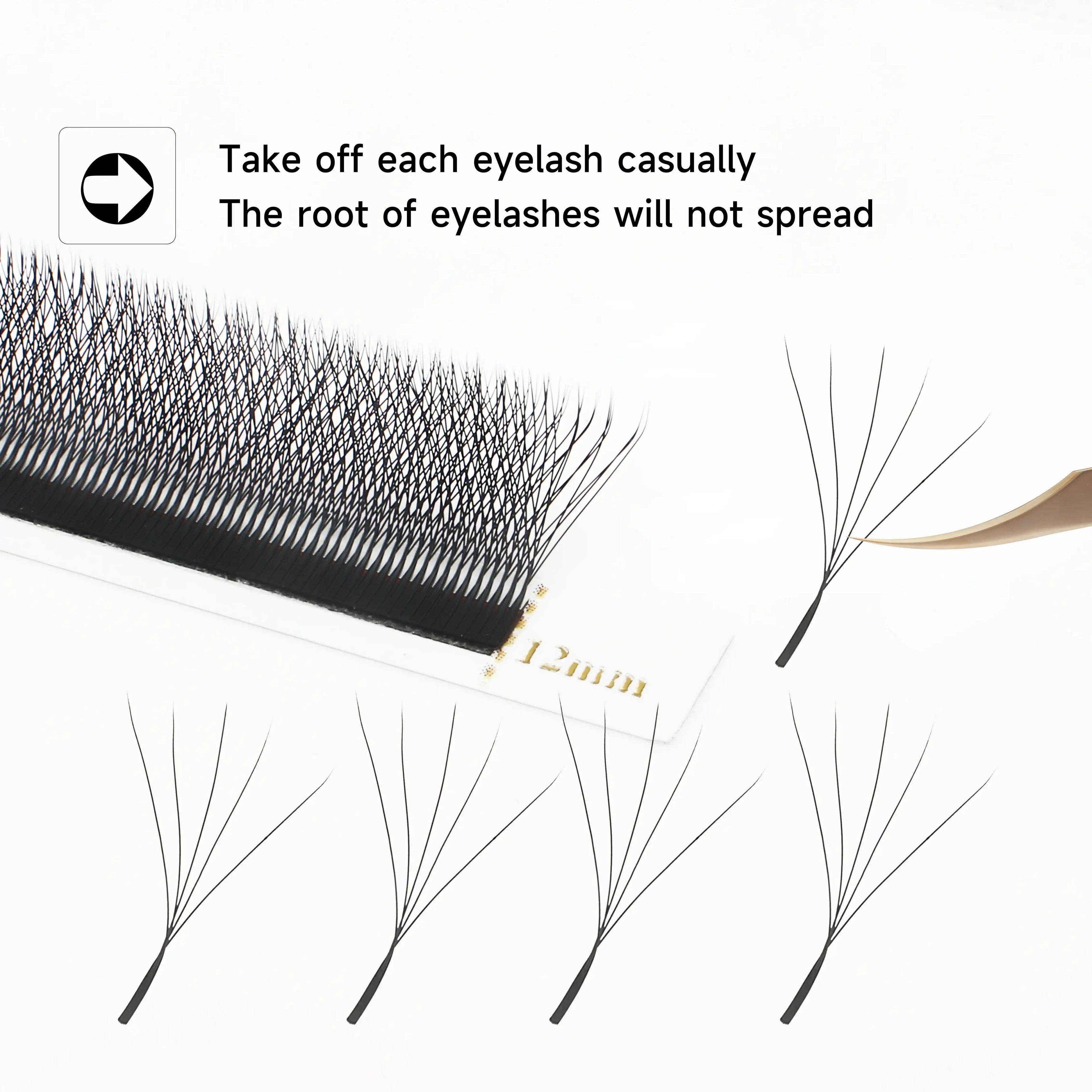 Black 12mm volume eyelash extension fan strip, designed for easy application with tweezers without separating at the
