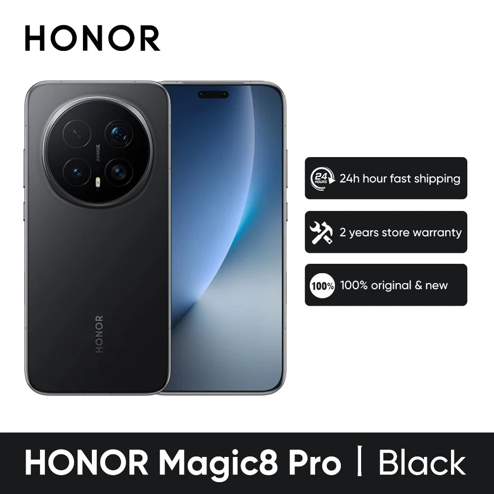 Honor Magic8 Pro Black 5G smartphone, front and back view, 200MP camera, OLED display, 6270mAh battery.