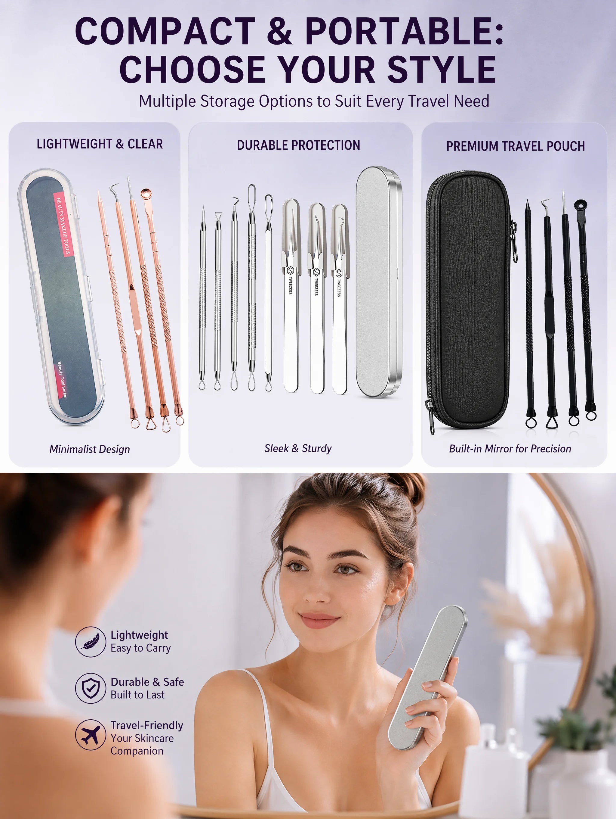 Stainless Steel Acne Needle Set of 8 Pieces, High-Density Blackhead Tweezers, Professional Acne Extraction Needles, Tool for Removing Closed Comedones, Portable Storage Set for Home and Beauty Salon Use