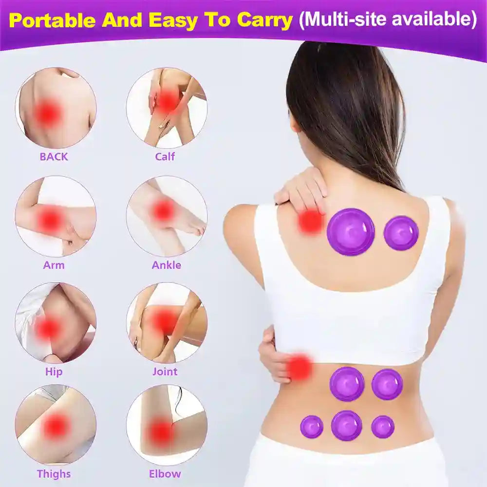 Four purple, round, silicone vacuum suction cups used for massage therapy on various body parts shown in diagrams.