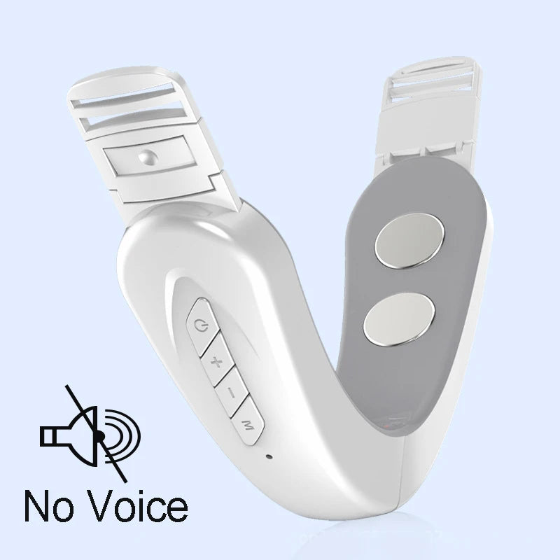 White, V-shaped electric facial massager with side control buttons and two grey circular contact pads.