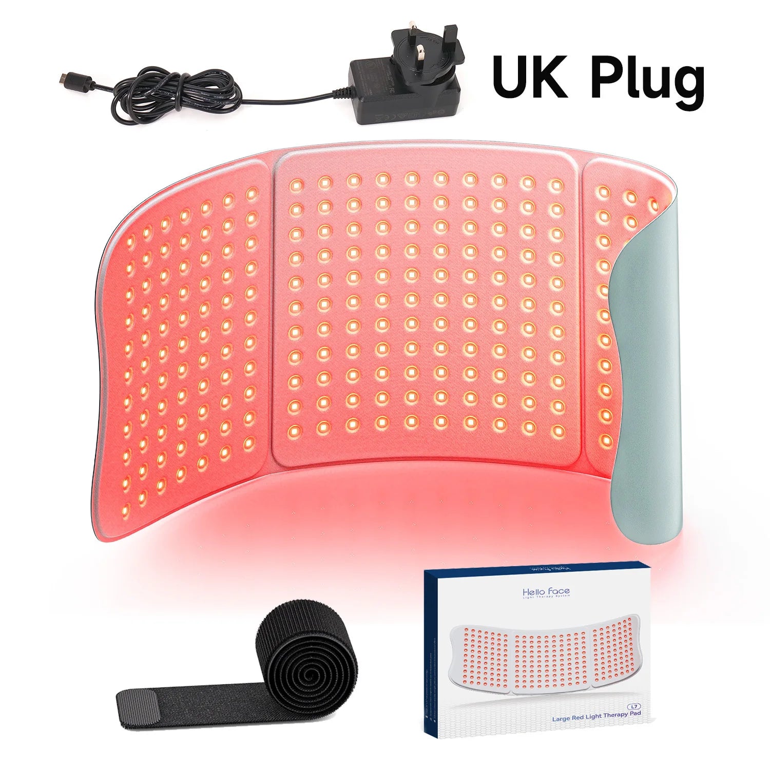 Large, flexible red light therapy mat with many LED lights, a UK power adapter, velcro strap, and product box.