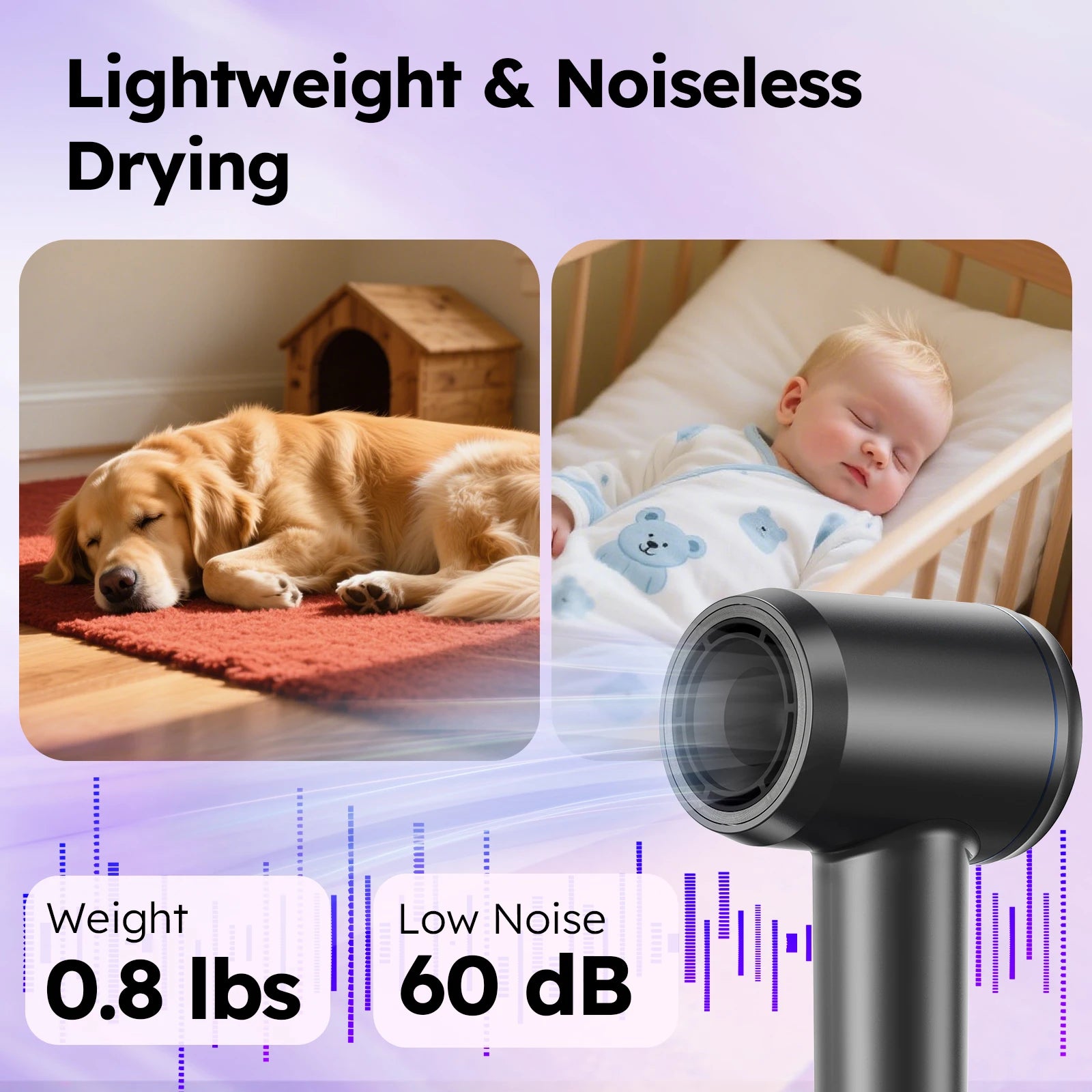 Black high-speed ionic hair dryer, 110k RPM, lightweight 0.8lb design with ultra-quiet 60dB operation for fast drying.