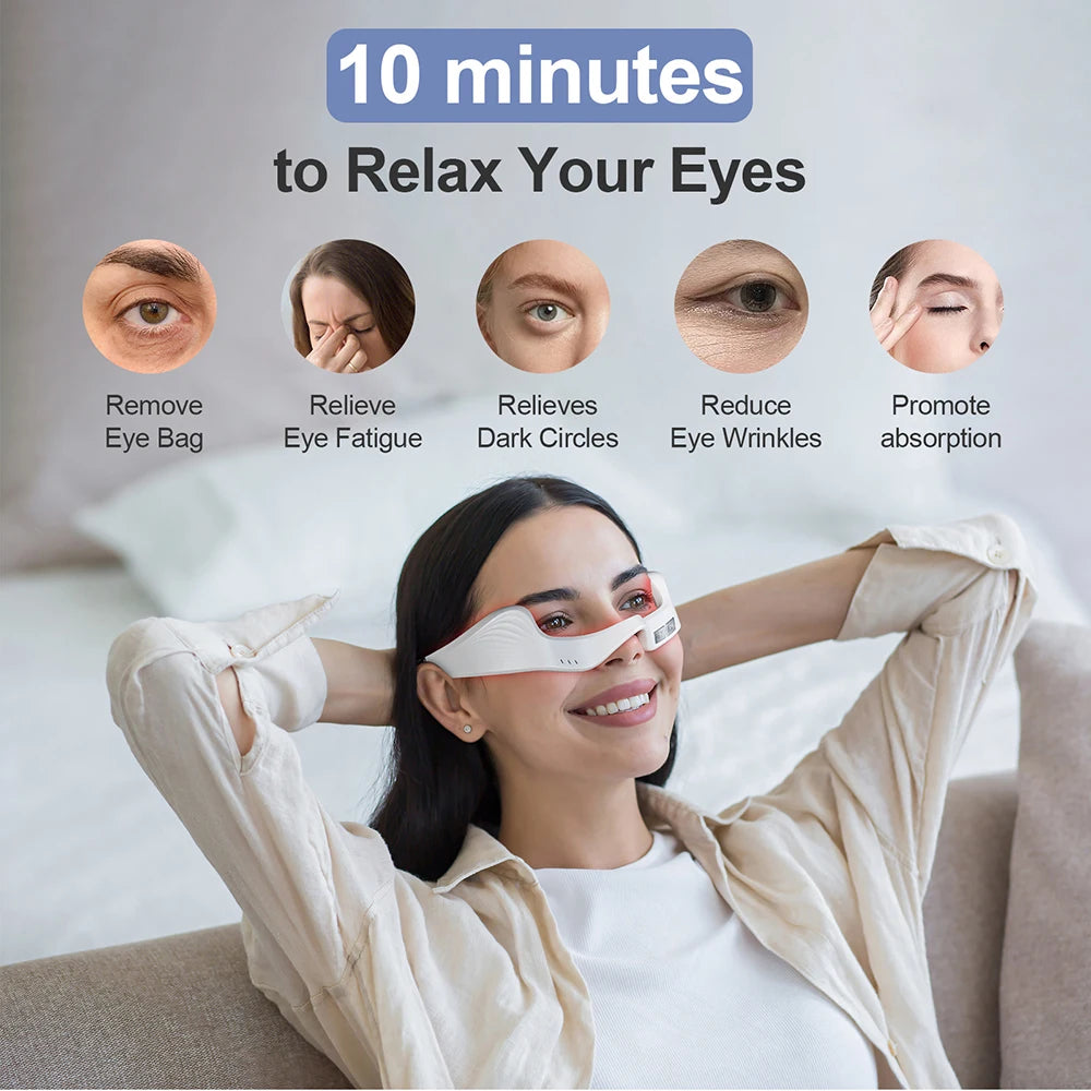 Woman using white electric red light eye massager glasses for anti-wrinkle, dark circles, and eye fatigue relief.