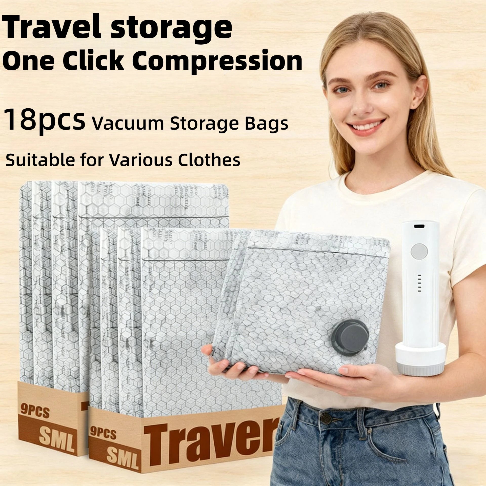Tidesmit 9-pack travel vacuum seal bags with portable electric pump for efficient luggage and clothing compression