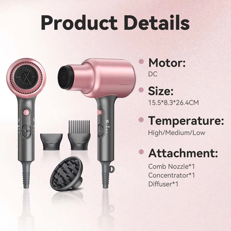 Pink 1875W professional hair dryer with DC motor, 3 heat settings, and comb, concentrator, and diffuser attachments.