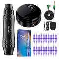 Black tattoo pen, circular voltage power supply, foot pedal, power cord, and twenty purple cartridge needles.