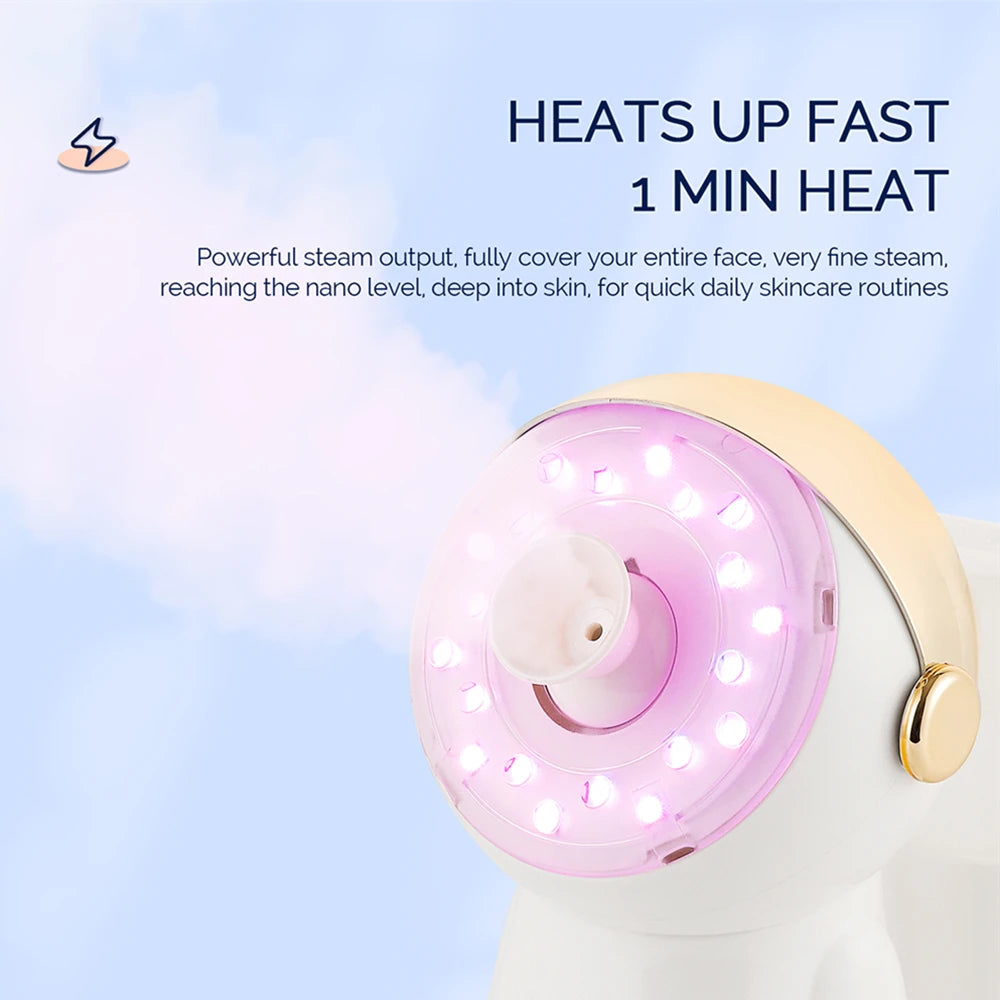 White and gold facial steamer with a pink illuminated ring and central nozzle for deep skin hydration.