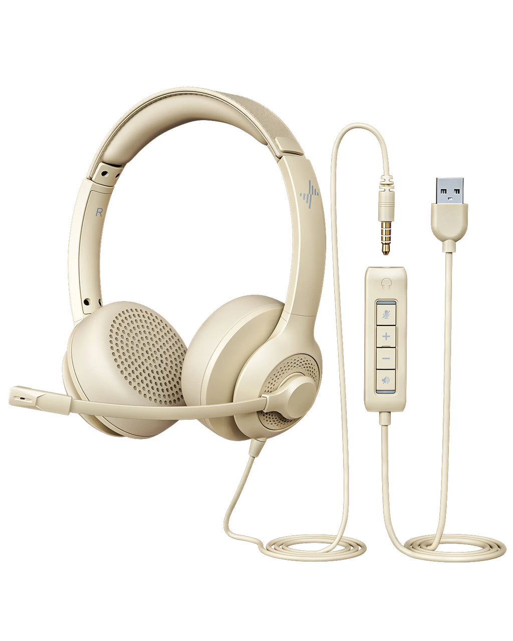 USB PC Headset with Noise Cancelling Mic for Office & Studio Calls Beige Tidesmit