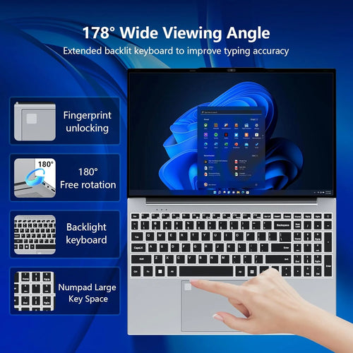 Silver 15.6-inch laptop with backlit keyboard, numpad, fingerprint reader on trackpad, and 180-degree hinge.