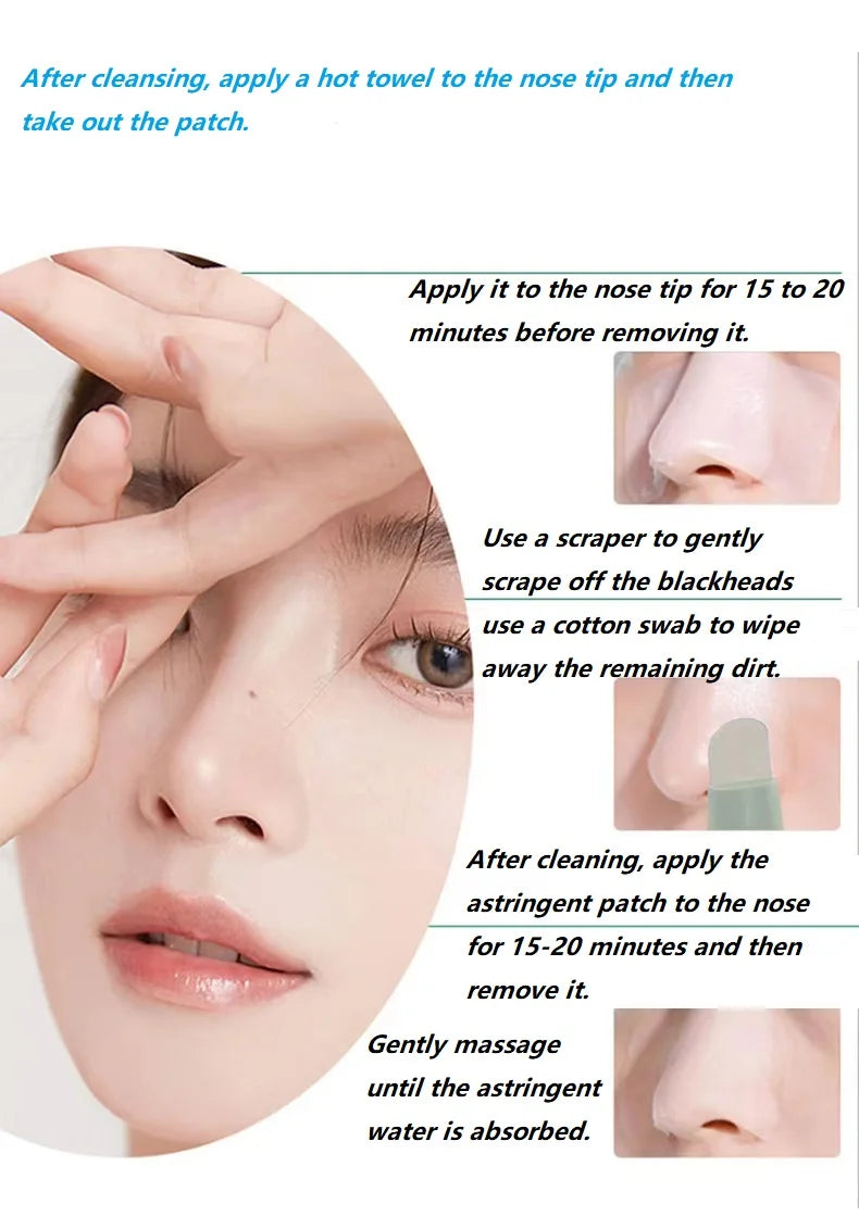 Nose patch and scraper tool set for removing blackheads and applying astringent to the nose tip.