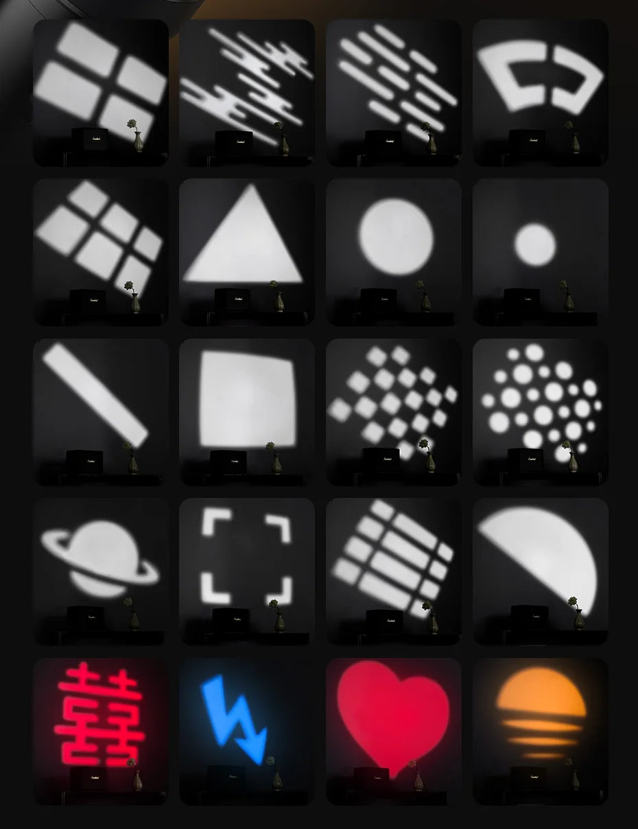 Grid of gobos for light projectors, displaying various white, red, blue, and sunset shapes for creative lighting
