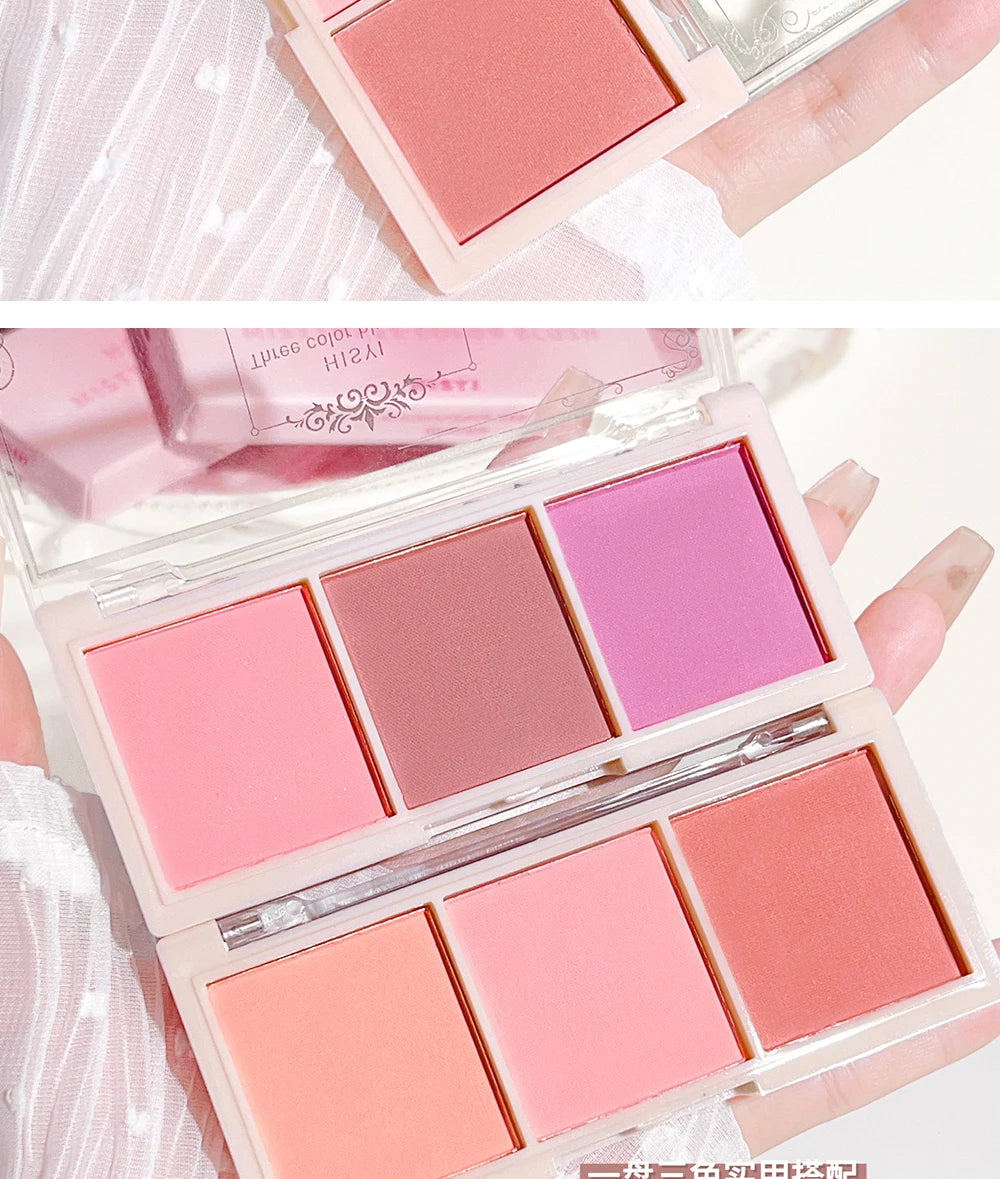 Tidesmit three-color matte blush palette for natural nude makeup look with brightening face powder finish detail view