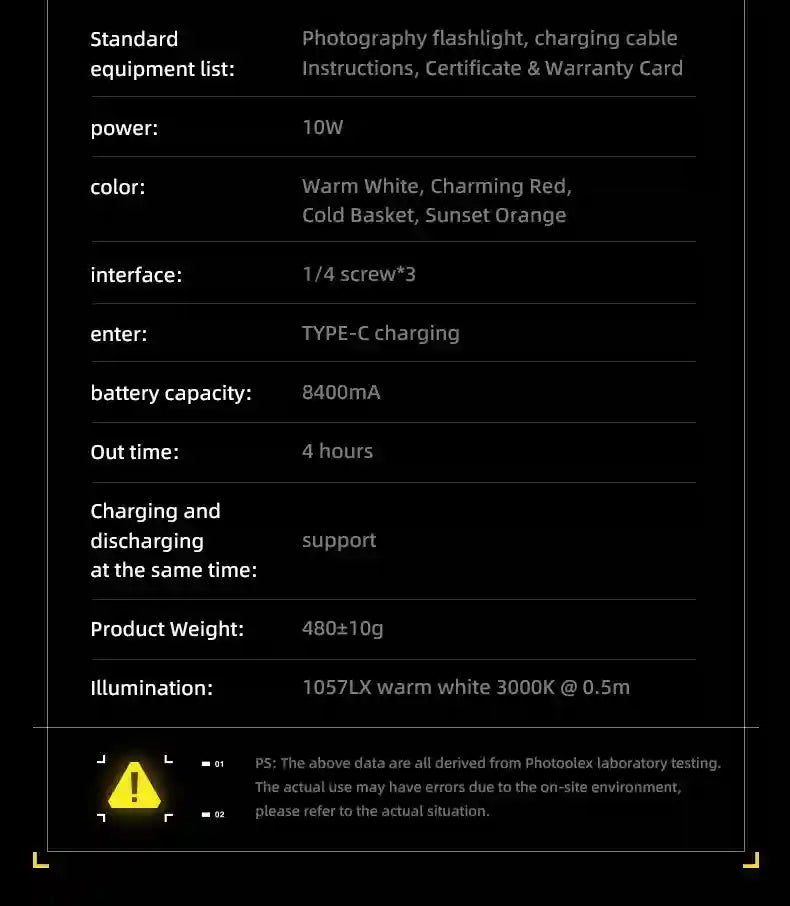 Technical specifications table for a 10W photography flashlight with 8400mAh battery, USB-C charging, and 1/4 screw