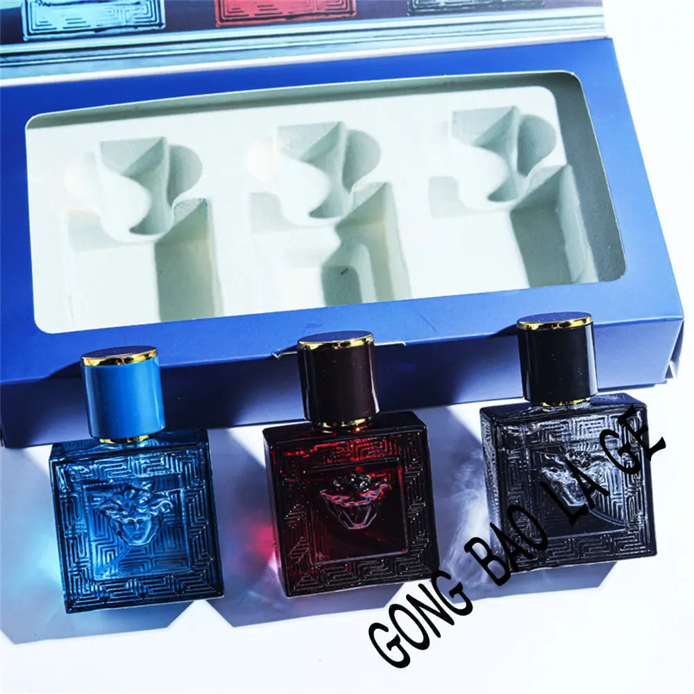 Versace style 3-piece men's cologne gift set, square glass bottles with Medusa emblem, lasting fragrance EDP collection.