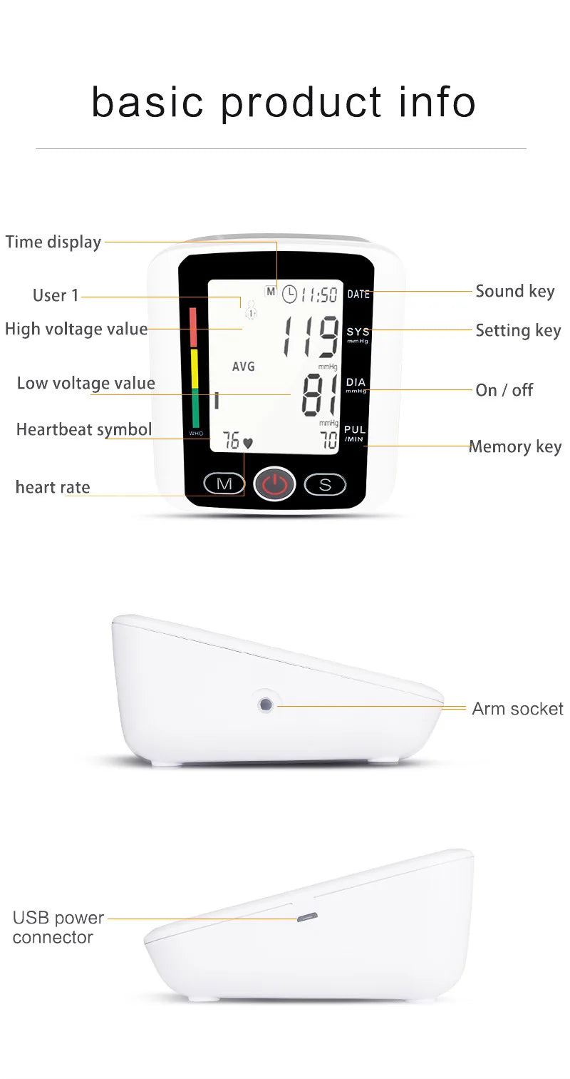 Digital Arm Blood Pressure Meter Cuff Medical Automatic Pressure Tonometer Tensiometer Heart Rate Pulse Meter BP Monitor Healthy
