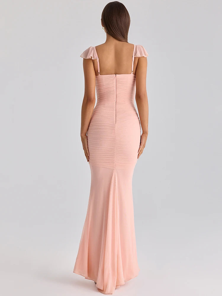 Mozision Sweetheart Neck Sexy Mermaid Maxi Dress Women Elegant Ruffle Sleeves Bodycon Evening Club Party Long Dress Female Gown