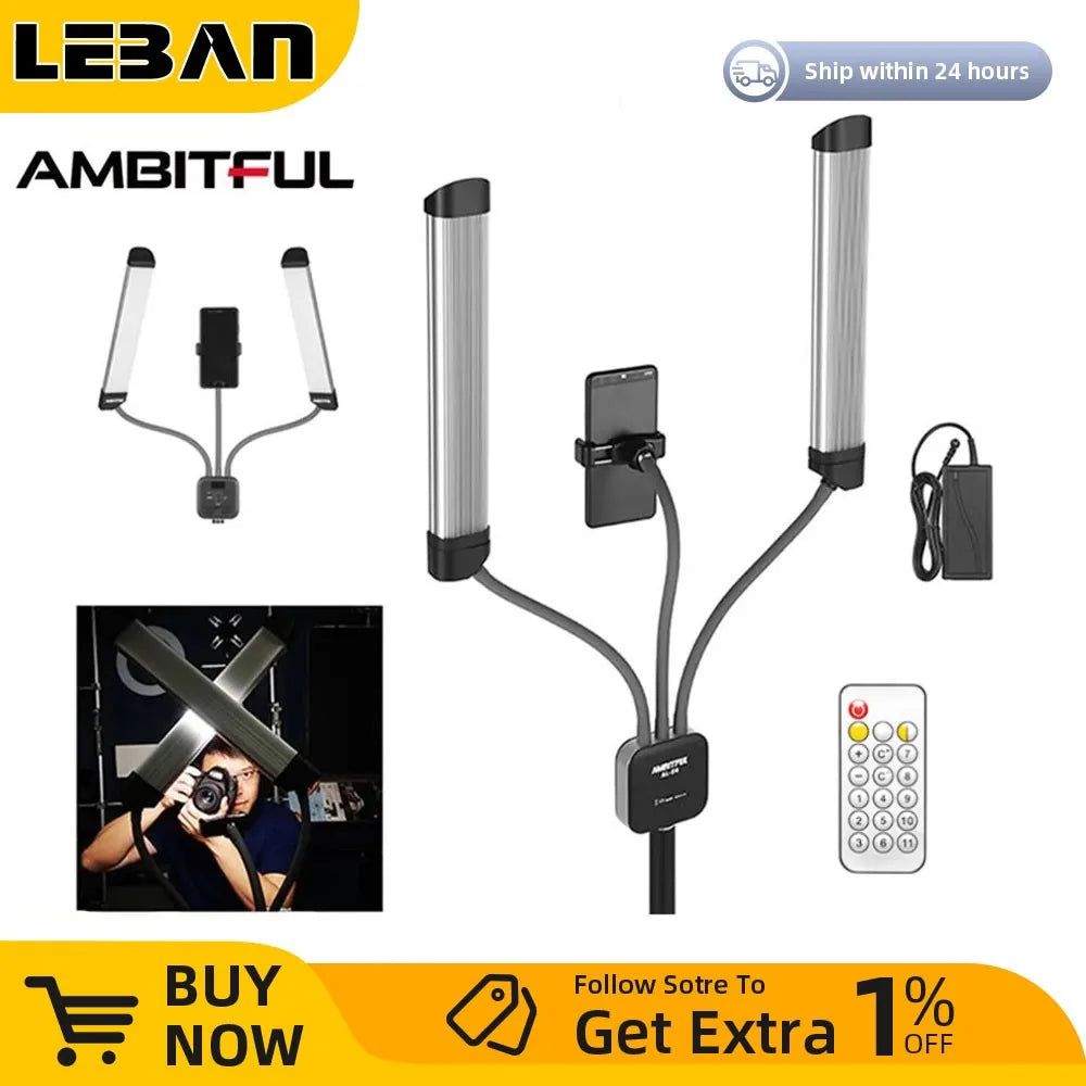 Dual flexible LED light bars with a central phone mount, power adapter, and remote control for studio lighting.