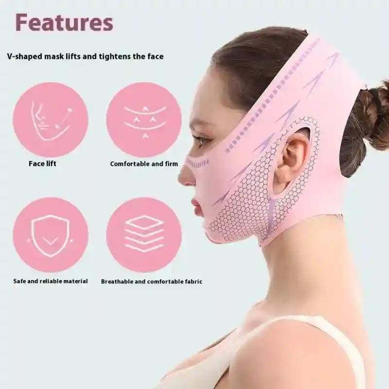 A woman wearing a pink, breathable V-line face slimming strap with a textured honeycomb pattern around the ears.
