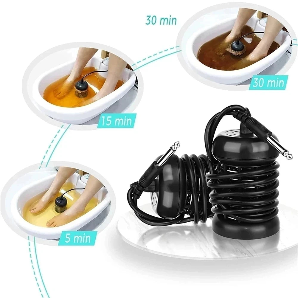 Black ionic detox foot bath array heads with cables shown in use in water spa tubs at 5, 15, and 30 minute intervals.