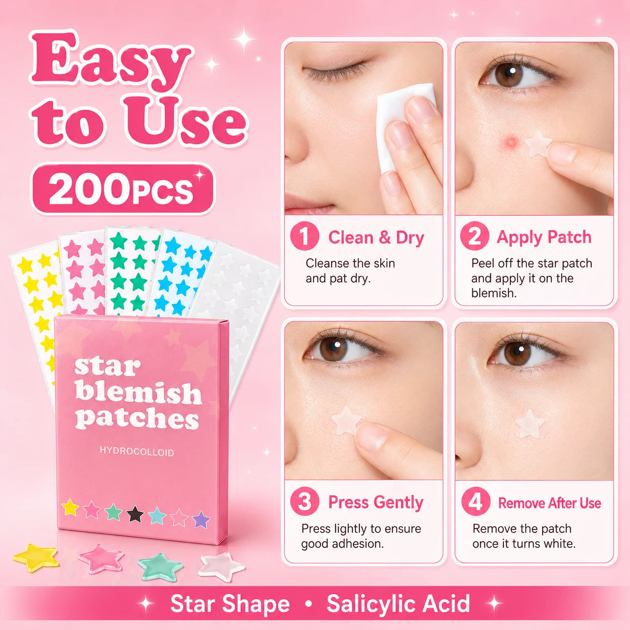 200PCS Five-Point Star Acne Patch Set Multi Color Pimple Cover Stickers for Day Night Face Body Use