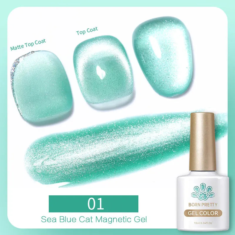 Sea blue cat eye magnetic gel polish bottle with swatches showing matte, glossy, and shimmer finishes.