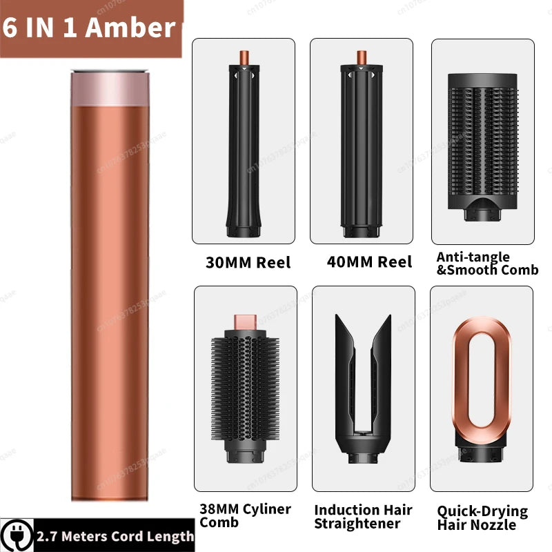 Sencimen X19 6-in-1 amber hair styler set with auto-curling barrels, smoothing combs, and quick-dry nozzle attachment.