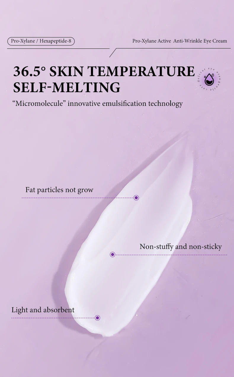 Smooth, white, non-sticky anti-wrinkle eye cream texture on a light purple background for firming and dark circles.