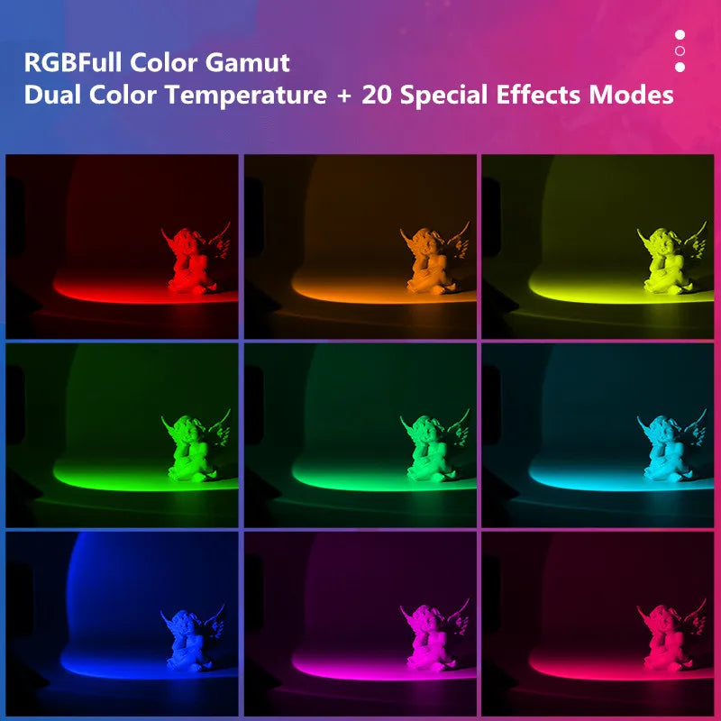 RGB LED video light showing a small white angel figurine illuminated in nine different vibrant color modes.