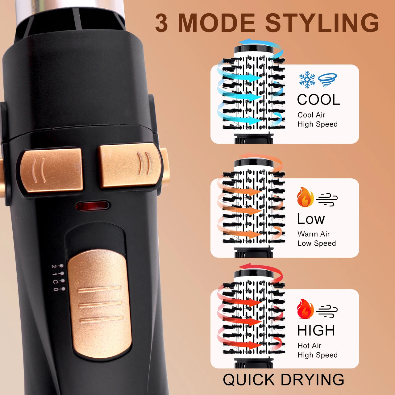 Hatteker 4-head hot air brush in black and gold with 3 adjustable heat and speed settings for professional hair styling.