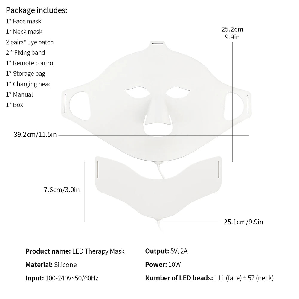 White silicone LED face and neck beauty masks with dimensions and product specifications listed in text.