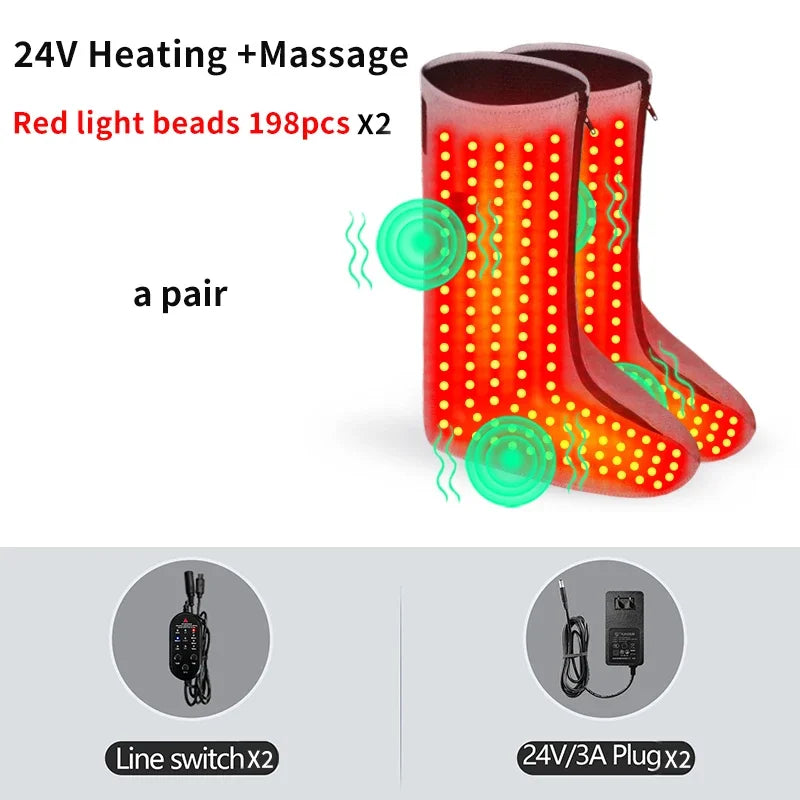 Red heated massage boots with 198 internal red light beads, including power adapters and hand-held controllers.