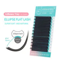 Ellipse flat lashes for extensions in a 12-row tray. Matte black synthetic lashes with an oval base for easier bonding.