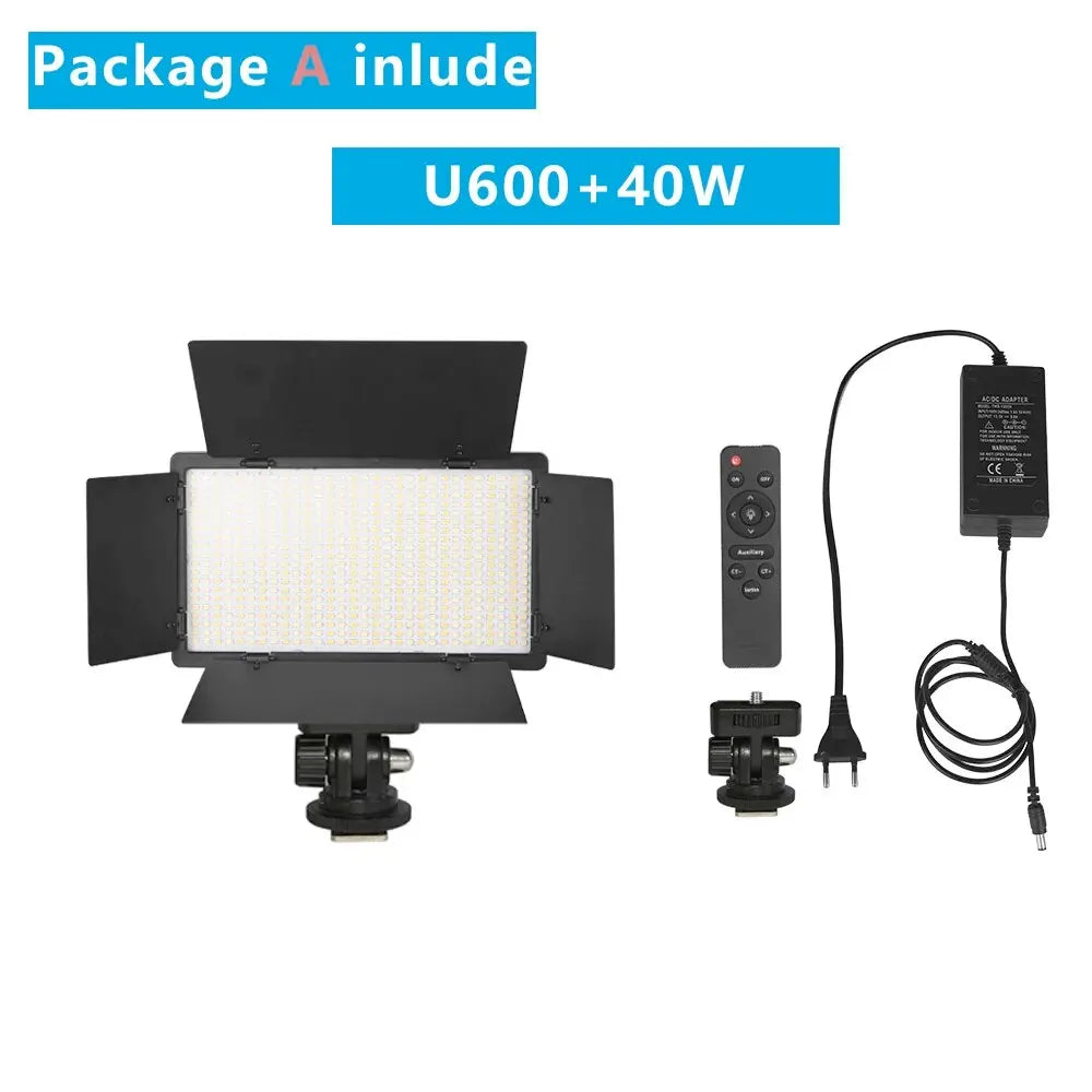 U600 40W rectangular LED video light with barn doors, remote control, and power adapter for photography and videography.