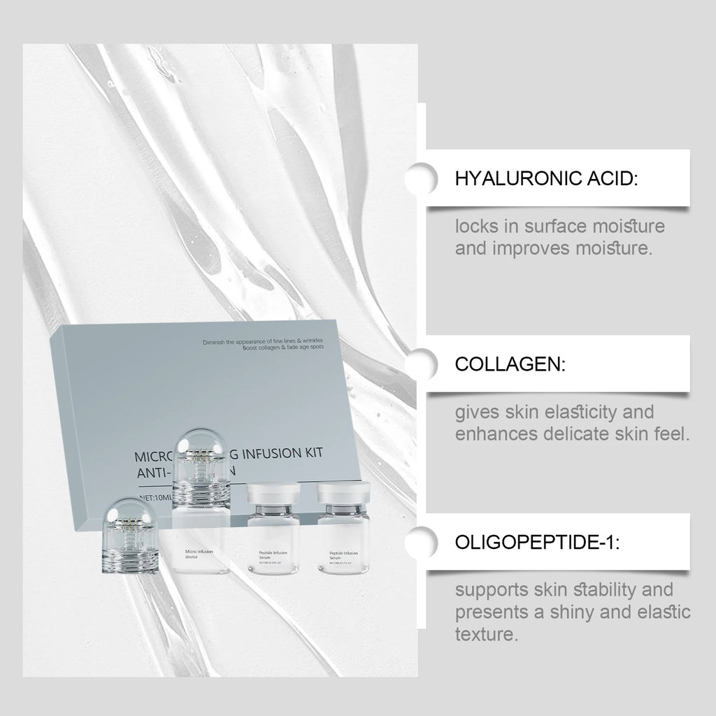 Skincare kit with grey box, micro-infusion device, and two serum vials against a background of clear gel streaks.